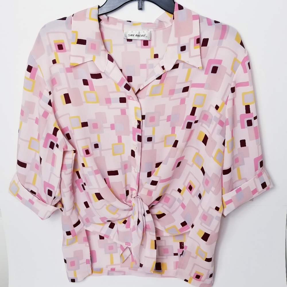 Vintage Pointed Collar Geometric Print Retro Top L